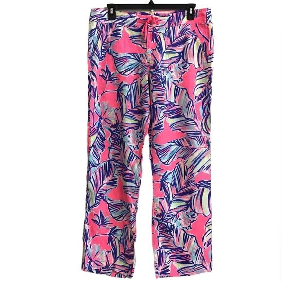Lily Pulitzer Pants Pink Linen Galley Pants In Tiki Print Size 14 - Picture 1 of 14